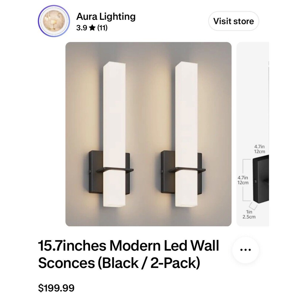 Aoceley 15.7inches Modern Led Wall Sconces,18W 3000K 1200Lumen 2-Pack, Black